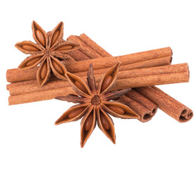 cinnamon stick and star anise spice isolated on white background