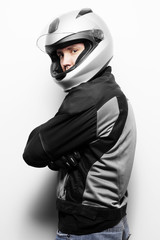 Man in motorcycle suit