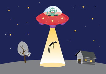 Naklejka na ściany i meble UFO abducts human silhouette in spot light