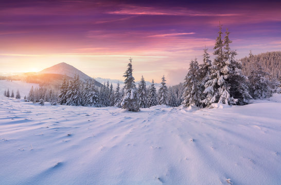 Colorful winter sunrise in the mountains