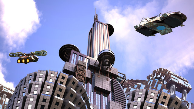 Futuristic city with surveillance drones
