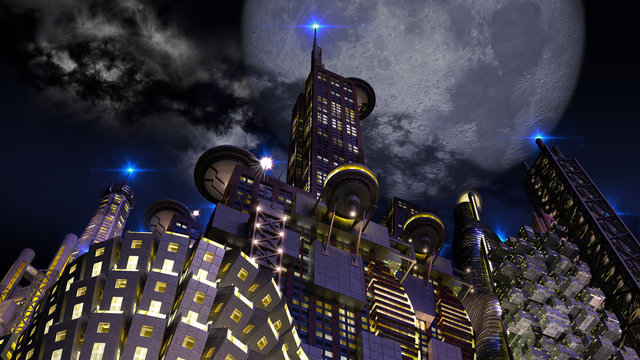 Futuristic city at night with looming giant moon