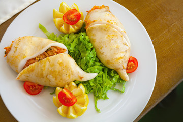 Squid stuffed with seafood in white plate, top view