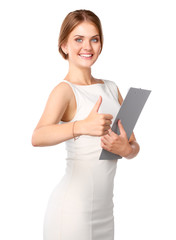 Young woman with folder showing ok, isolated on white background