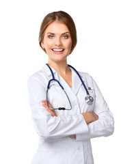 Fototapeta premium Portrait of young woman doctor with white coat standing in