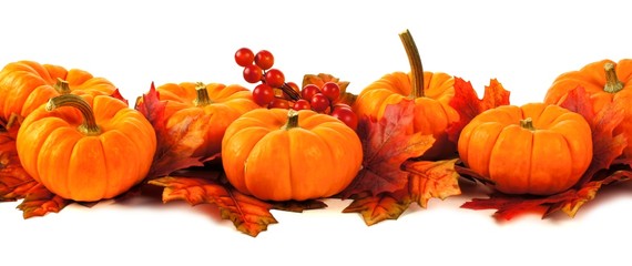 Naklejka na ściany i meble Autumn border of pumpkins and leaves over a white background