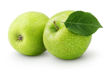 Green apples with leaf isolated on a white
