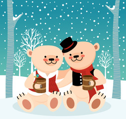 Bears drink beer in the winter forest