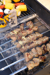 Skewers on barbecue grill, close-up