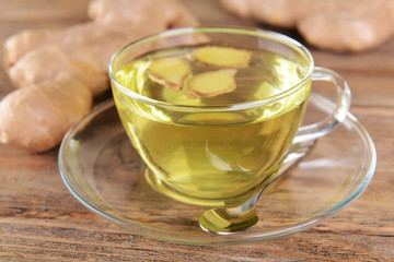 Ginger tea with lemon on table close-up