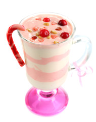 Cranberry milk dessert in glass, isolated on white