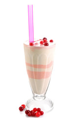 Cranberry milk dessert in glass, isolated on white