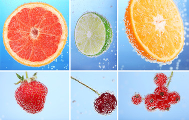 Collage of fruit and berries in water with bubbles