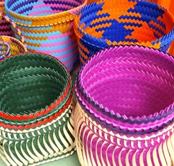 Colorful bags closeup in traditional aboriginal sewing