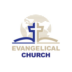 Vector logo, church symbol cross, bible, earth globe.