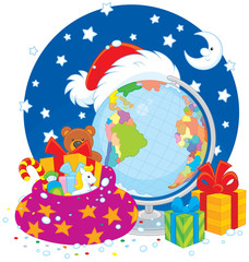 Santa Claus hat, Christmas gifts and globe