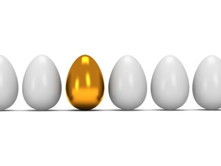 Golden egg in a row of the white eggs. 3D.