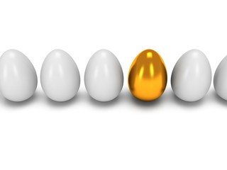 Golden egg in a row of the white eggs. 3D.