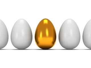 Golden egg in a row of the white eggs. 3D.