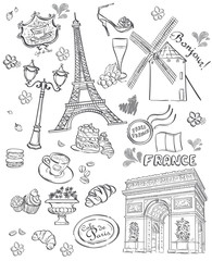 various attractions, Paris, France. Black contour - obrazy, fototapety, plakaty