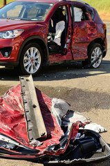 Vehicle damage following a two car crash with injuries