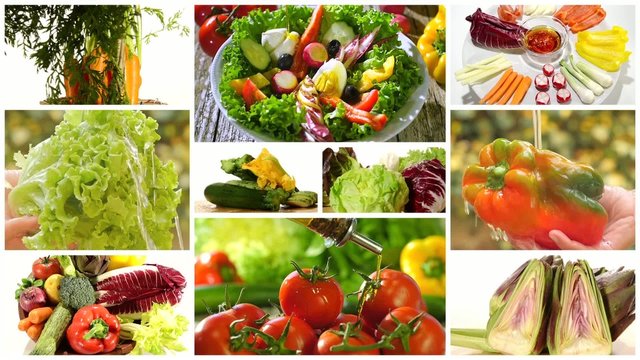 diverse vegetables and mixed salad montage