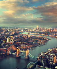 London aerial view with  Tower Bridge in sunset time - obrazy, fototapety, plakaty