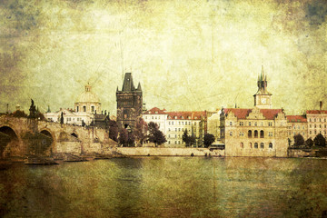 Vintage style panorama of old Prague, Czech Republic