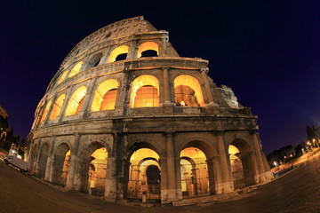 fish-eye view of Colosseum at night, Italy