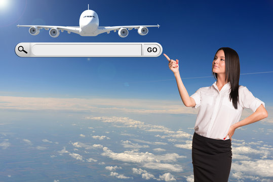 Businesswoman and search string. Passenger airplane as backdrop