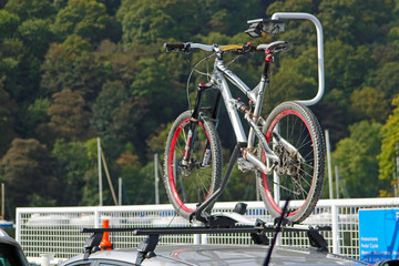 Bike on a car roof rack with forest background