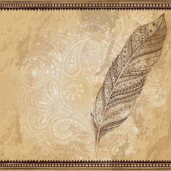 Artistically drawn, stylized, vector tribal graphic feather with