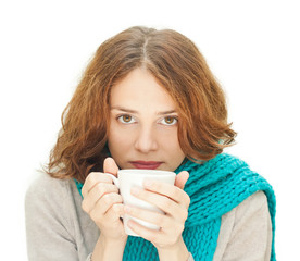 young woman in blue scarf with white mug isolated on white backg