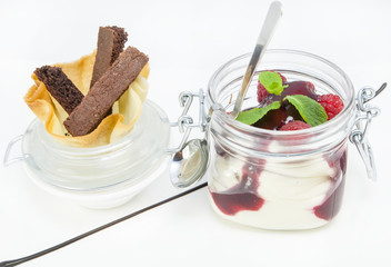 raspberry cream dessert in a glass jar