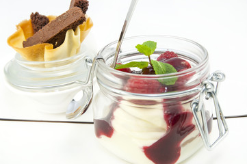 raspberry cream dessert in a glass jar