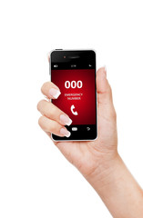 hand holding mobile phone emergency number 000 isolated over whi