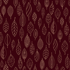 Autumn dark red seamless stylized leaf pattern in doodle style.