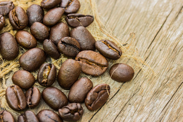 coffee bean on sack and wood