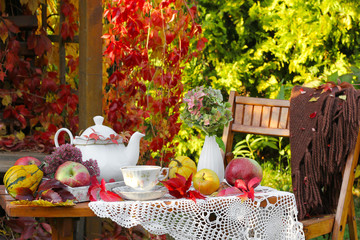 Fototapety  Filiżanka herbaty z jesiennymi liśćmi w ogrodzie
