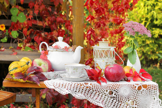 Cup of tea with autumn leaves in garden