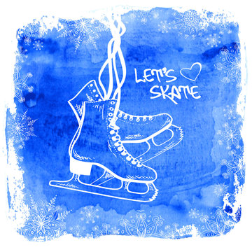Figure skates on a watercolor background