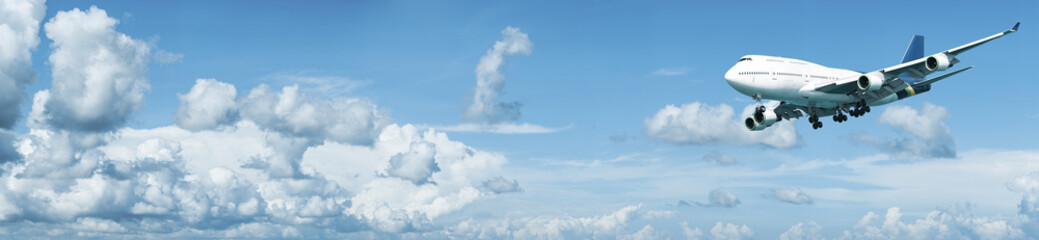 Jumbo jet in a blue cloudy sky