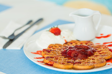 Waffles with Strawberry jam and fresh strawberry