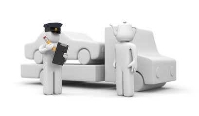 Police officer towing auto of dummy head driver