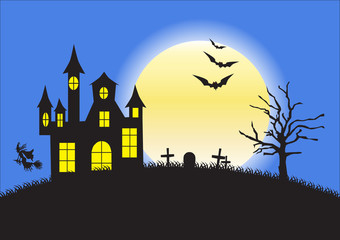 Fototapeta na wymiar Strange house, graveyard and bats on background of the full moon