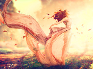 Autumn fantasy girl, fairy in blowing chiffon dress - obrazy, fototapety, plakaty