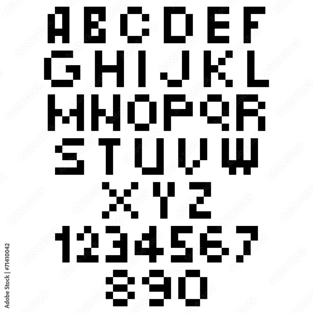 Aufkleber pixel font - alphabets and numerals characters in retro square