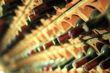 Wine cellar bottles covered with dust