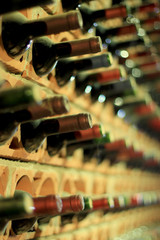 Wine cellar bottles covered with dust