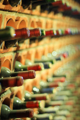 Wine cellar bottles covered with dust